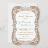 バーラップおよびレースのブライダルシャワー 招待状 (正面)