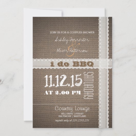 バーラップおよびレースの素朴な国私はBBQをします 招待状 (正面)
