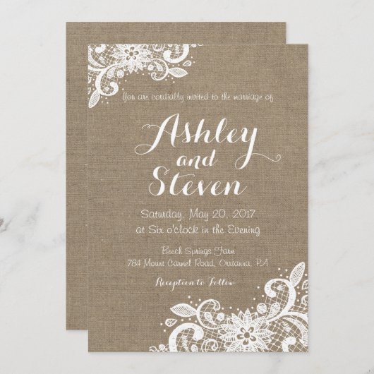 バーラップおよびレースの結婚式招待状 招待状 (正面/裏面)