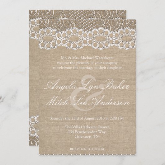 バーラップおよびヴィンテージのレースのぼろぼろのシックな結婚式の招待 招待状 (正面/裏面)