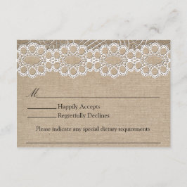 バーラップおよびヴィンテージのレースぼろぼろのシックな結婚RSVP 出欠カード