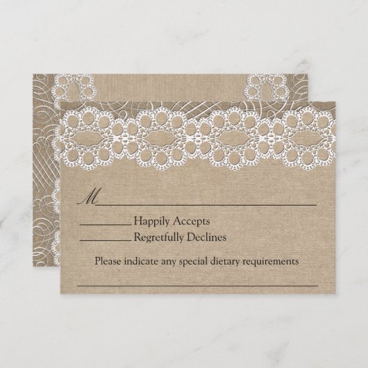 バーラップおよびヴィンテージのレースぼろぼろのシックな結婚RSVP 出欠カード (正面/裏面)