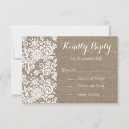 バーラップが付いている素朴なRSVPカードおよび結婚のためのレース 出欠カード