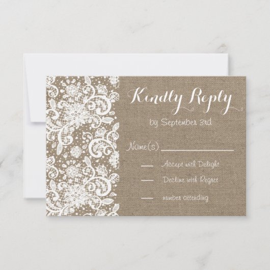 バーラップが付いている素朴なRSVPカードおよび結婚のためのレース 出欠カード (正面)