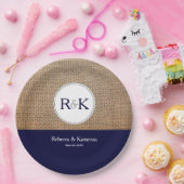 バーラップとダークブルー結婚パーソナライズされたズ ペーパープレート (パーティー)