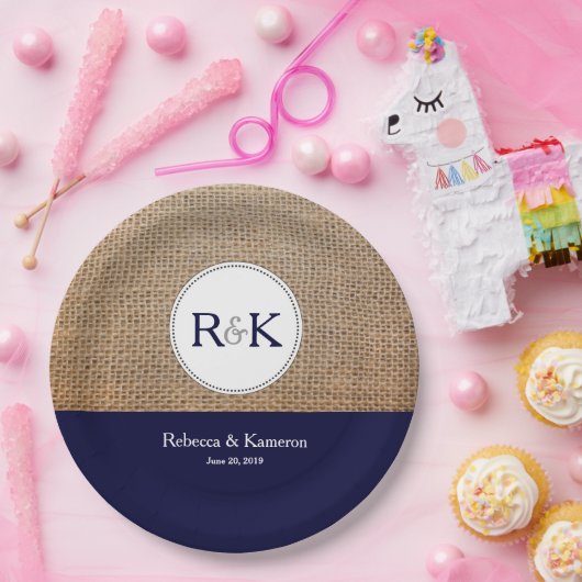 バーラップとダークブルー結婚パーソナライズされたズ ペーパープレート (パーティー)