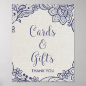 バーラップとネイビーレース |フローラカードとギフトサイン ポスター (正面)