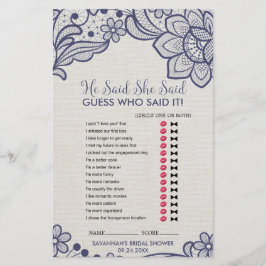 バーラップとネイビーレース"彼は彼女が言った"ゲーム