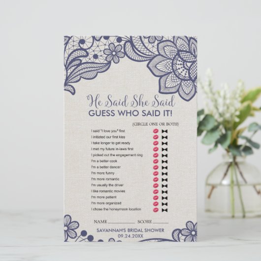 バーラップとネイビーレース"彼は彼女が言った"ゲーム (スタンド正面)