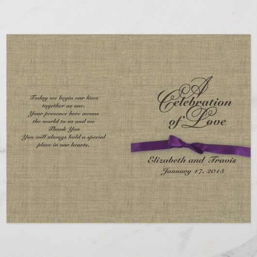 バーラップとパープルボウ結婚式 プログラム (正面)