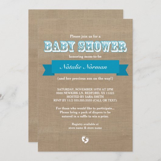 バーラップとブルーリボンの粗野な男の赤ちゃんシャワー 招待状 (正面/裏面)