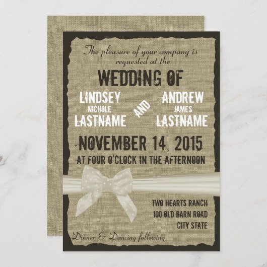 バーラップとボー素朴ズ結婚アンティークホワイト 招待状 (正面/裏面)