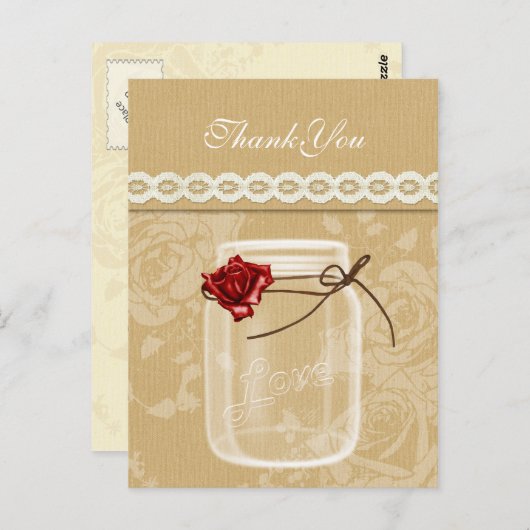 バーラップとレッドローズのメイスン感謝していジャー ポストカード (正面/裏面)
