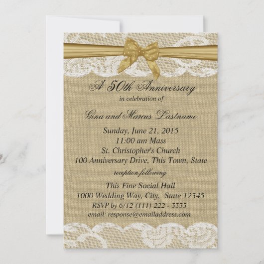 バーラップとレースと金ゴールド弓50周年記念 招待状 (正面)
