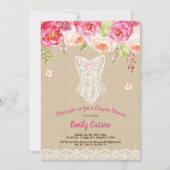 バーラップとレースのピンクランジェリーシャワーブライダルパーティ 招待状 (正面)