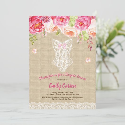 バーラップとレースのピンクランジェリーシャワーブライダルパーティ 招待状 (スタンド正面)