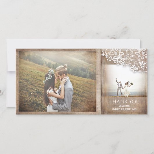 バーラップとレースのヴィン素朴テージの結婚式 サンキューカード (正面)