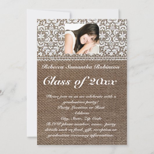 バーラップとレースの写真の卒業 招待状 (正面)