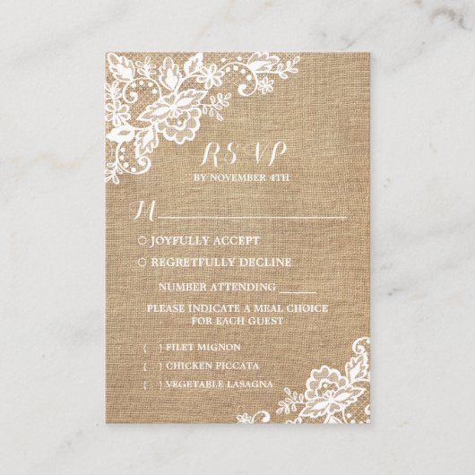 バーラップとレースの国素朴の結婚式 エンクロージャーカード (正面)