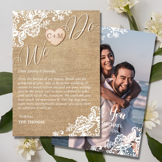 バーラップとレースの国素朴の結婚式 サンキューカード