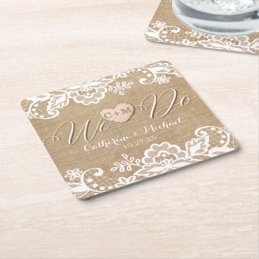 バーラップとレースの国素朴の結婚式 スクエアペーパーコースター (アングル)