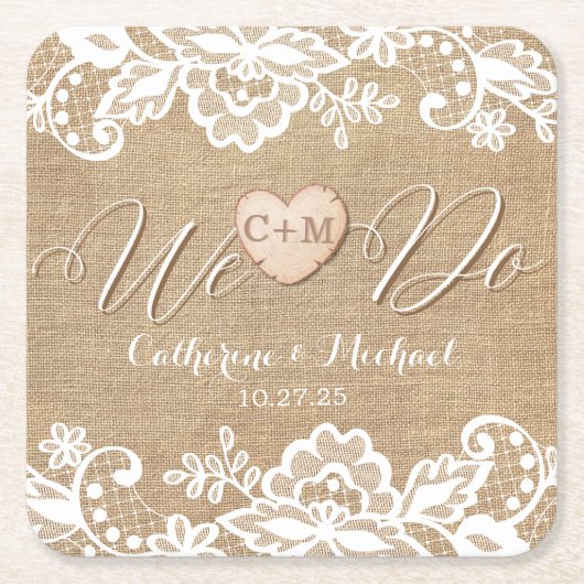 バーラップとレースの国素朴の結婚式 スクエアペーパーコースター (正面)