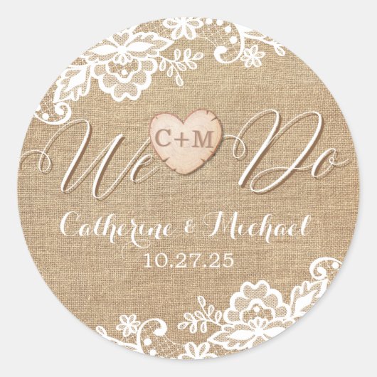 バーラップとレースの国素朴の結婚式 ラウンドシール (正面)