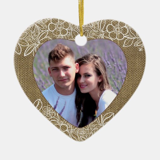 バーラップとレースの新しい初めてのクリスマス セラミックオーナメント (正面)