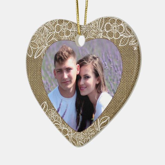 バーラップとレースの新しい初めてのクリスマス セラミックオーナメント (左)