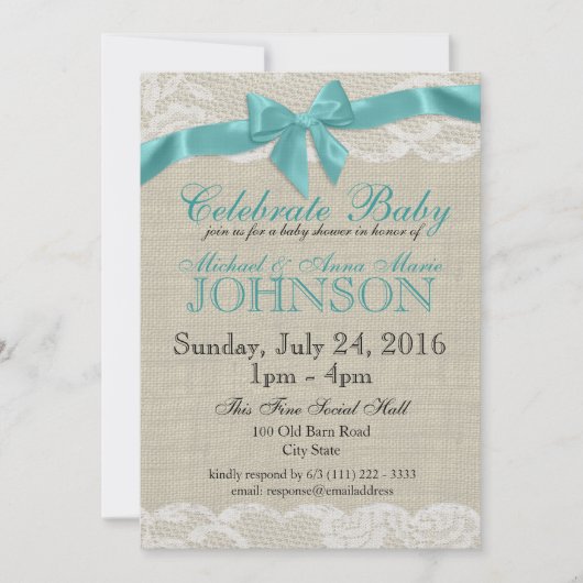 バーラップとレースの赤ちゃんシャワー 招待状 (正面)