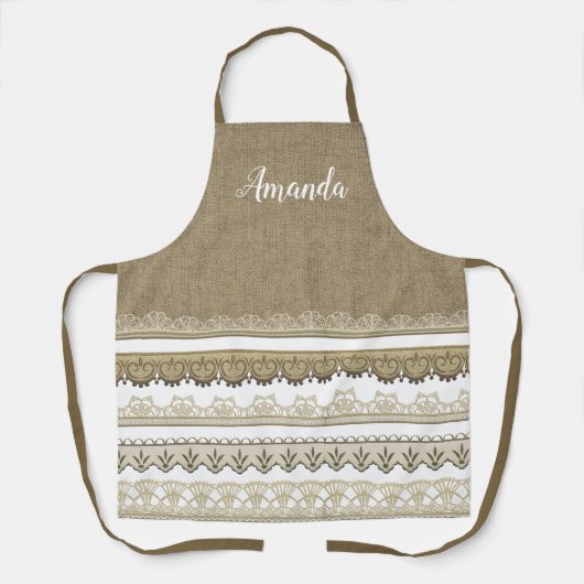バーラップとレースパーソナライズされたオールオーバープリント エプロン (正面)