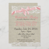 バーラップとレースピンクのベビーシャワー 招待状 (正面/裏面)