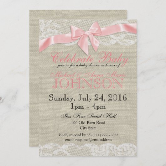 バーラップとレースピンクのベビーシャワー 招待状 (正面/裏面)