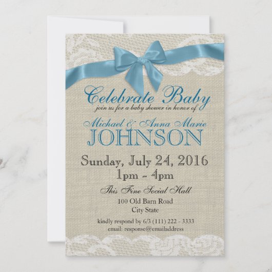 バーラップとレースブルーベビーシャワー 招待状 (正面)