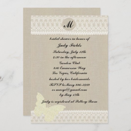 バーラップとレースモノグラムブライダルシャワーの招待 招待状 (正面/裏面)
