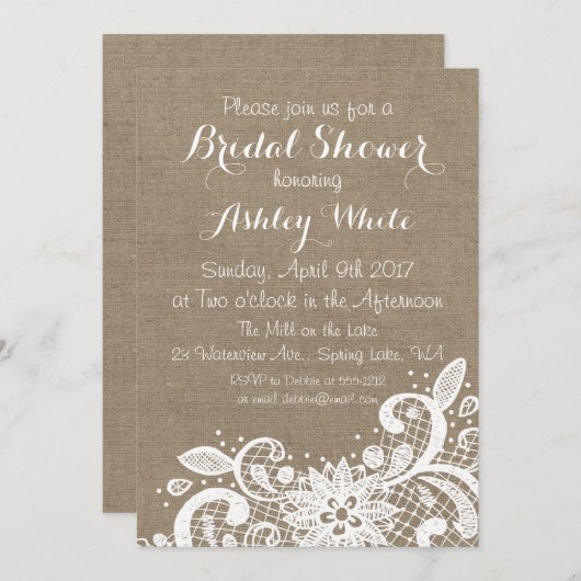 バーラップとレース付きブライダルシャワー招待 招待状 (正面/裏面)