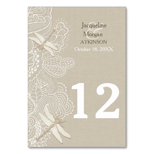 バーラップとレース素朴のテー結婚ブル番号カード テーブルナンバー (正面)