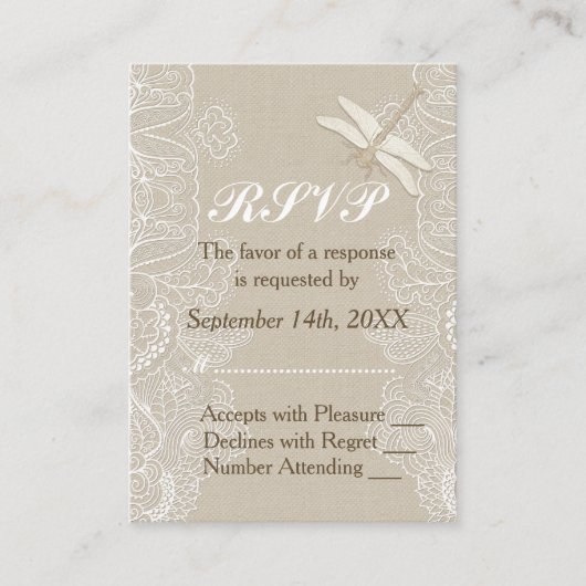 バーラップとレース素朴ウェディングRSVP エンクロージャーカード (正面)