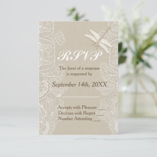 バーラップとレース素朴ウェディングRSVP 出欠カード (スタンド正面)