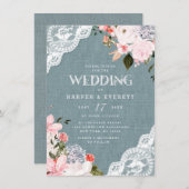 バーラップとレース素朴ダスティブルーフローラ結婚ズ 招待状 (正面/裏面)