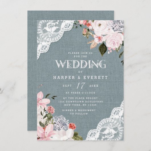 バーラップとレース素朴ダスティブルーフローラ結婚ズ 招待状 (正面/裏面)