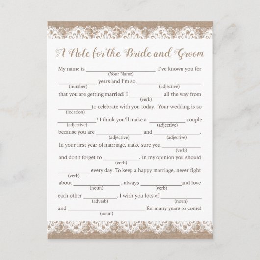 バーラップとレース結婚のアドバイスカー素朴ド ポストカード (正面)