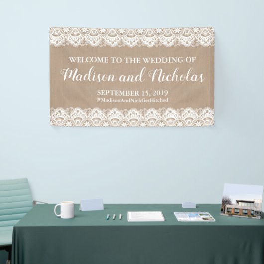 バーラップとレース結婚のバナーデコレーション素朴、 横断幕 (トレードショー)