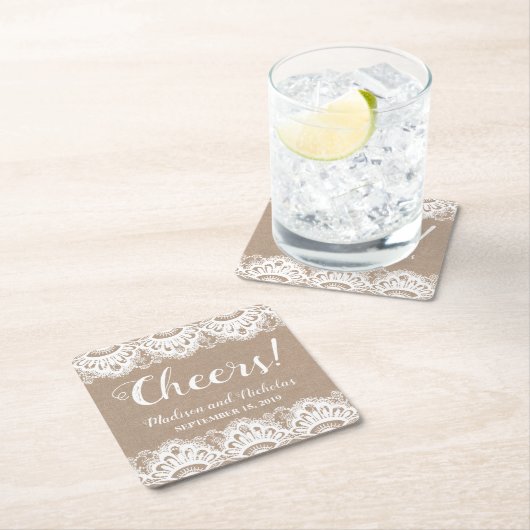 バーラップとレース結婚の紙コースター素朴。 スクエアペーパーコースター (インサイチュ)