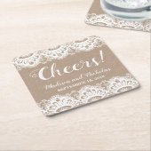 バーラップとレース結婚の紙コースター素朴。 スクエアペーパーコースター (アングル)