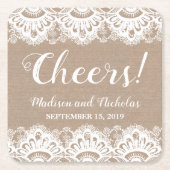 バーラップとレース結婚の紙コースター素朴。 スクエアペーパーコースター (正面)