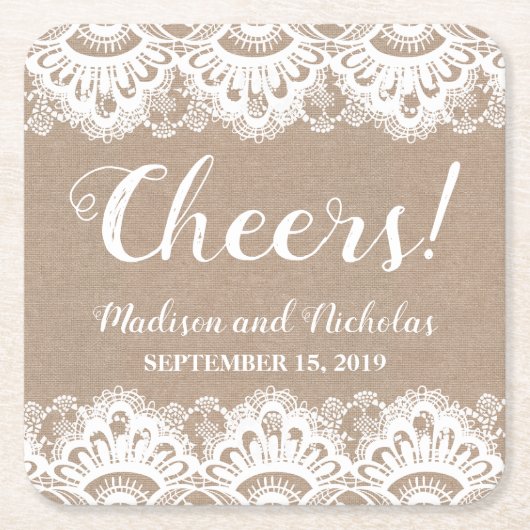 バーラップとレース結婚の紙コースター素朴。 スクエアペーパーコースター (正面)