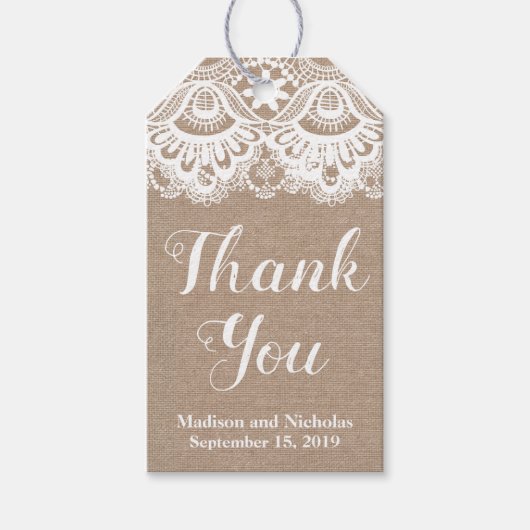 バーラップとレース結婚式の引き出物ギフトラベル素朴、 ギフトタグ (正面)