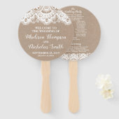 バーラップとレース結婚式 プログラムサークルファン素朴、 ハンドファン (正面&裏面)