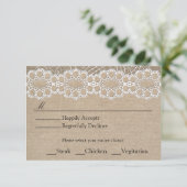 バーラップとヴィンテージレースシャビーシックなウェディングRSVP 出欠カード (スタンド正面)